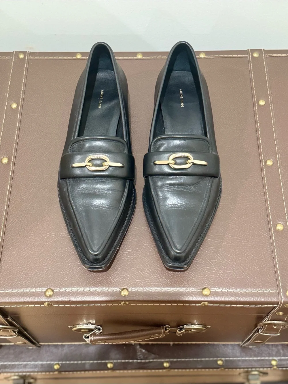 Anine Bing Black Pointed Leather Loafers with Gold Hardware